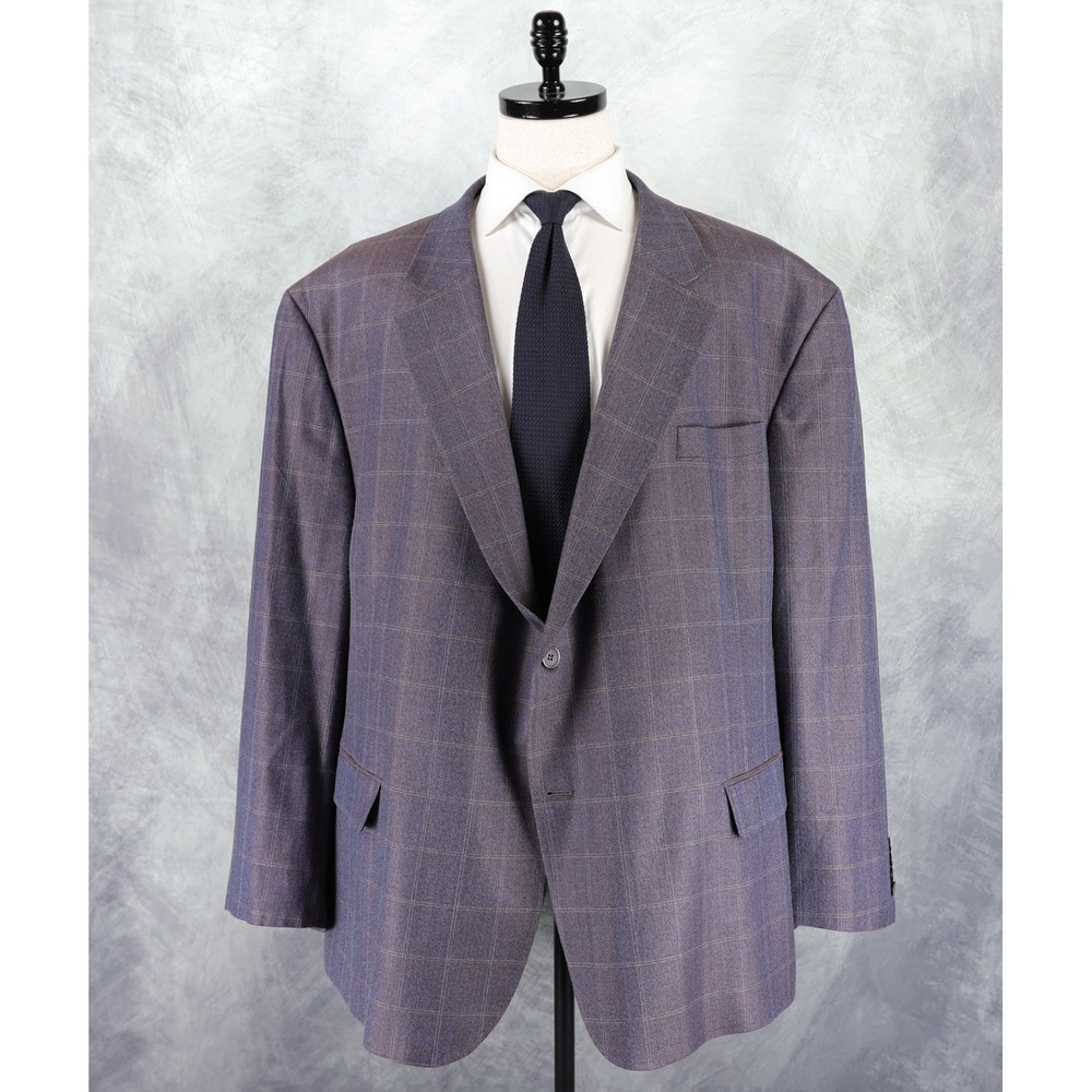 Oak Hill Sport Coat 58R / 60R 4XL Brown Blue Herringbone Windowpane Wool Silk